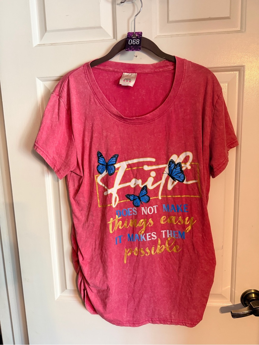 Pink Short-Sleeve 'Faith' Graphic Tee with Blue Butterfly Accents